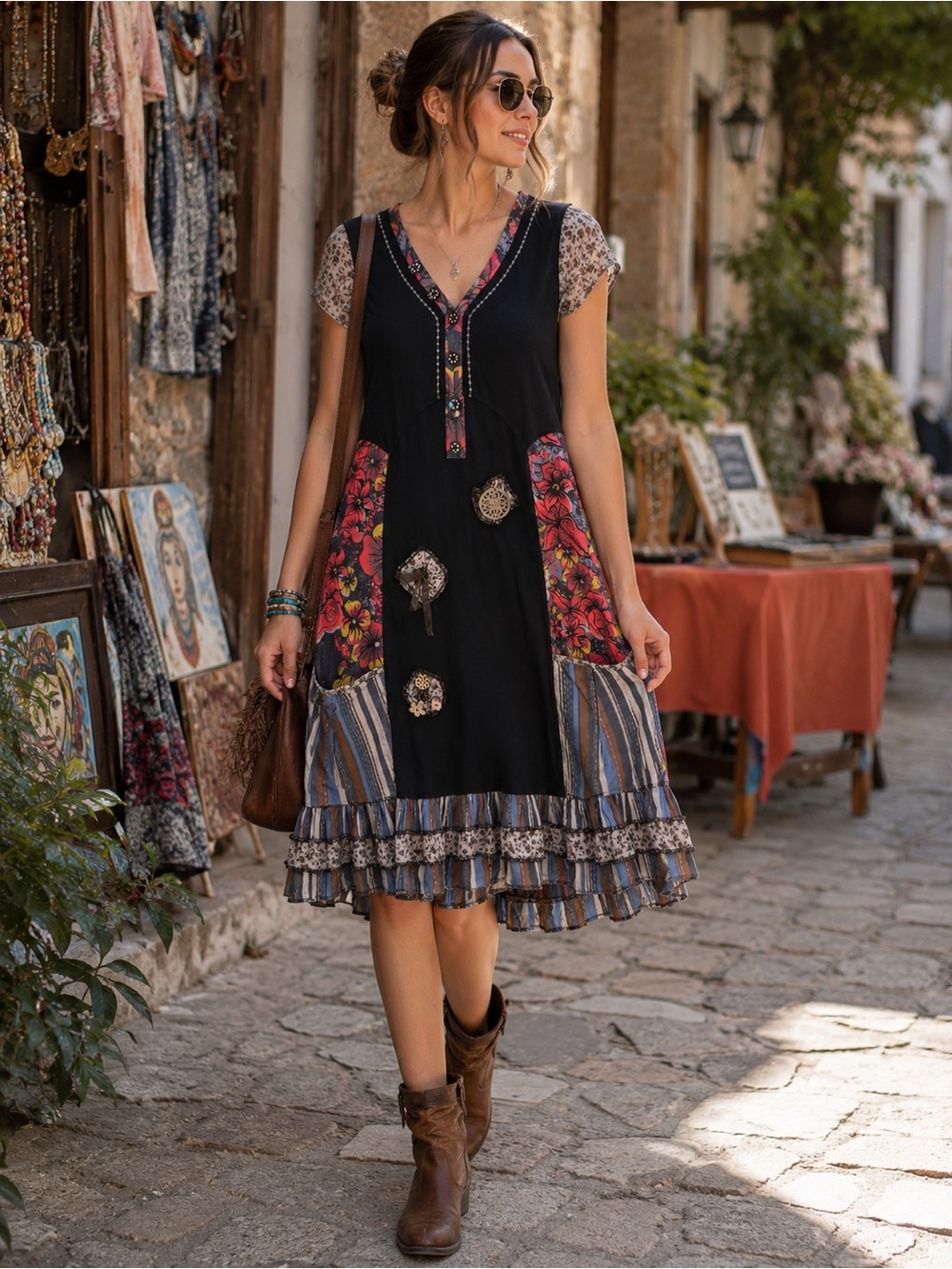 Tricotto L Black Mixed Print Boho Dress Floral Applique Ruffle Hem Turkey